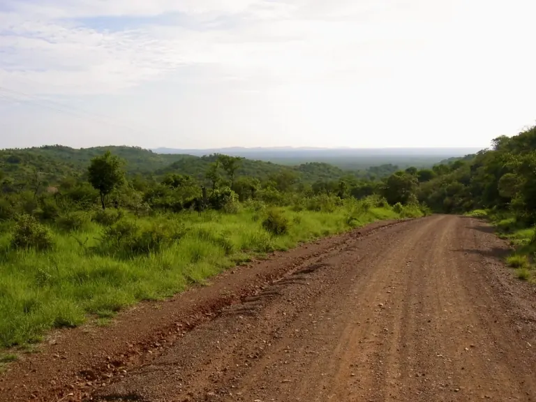 A laterite road cutting through green hills, the kind of unbuilt road this firm is named for.